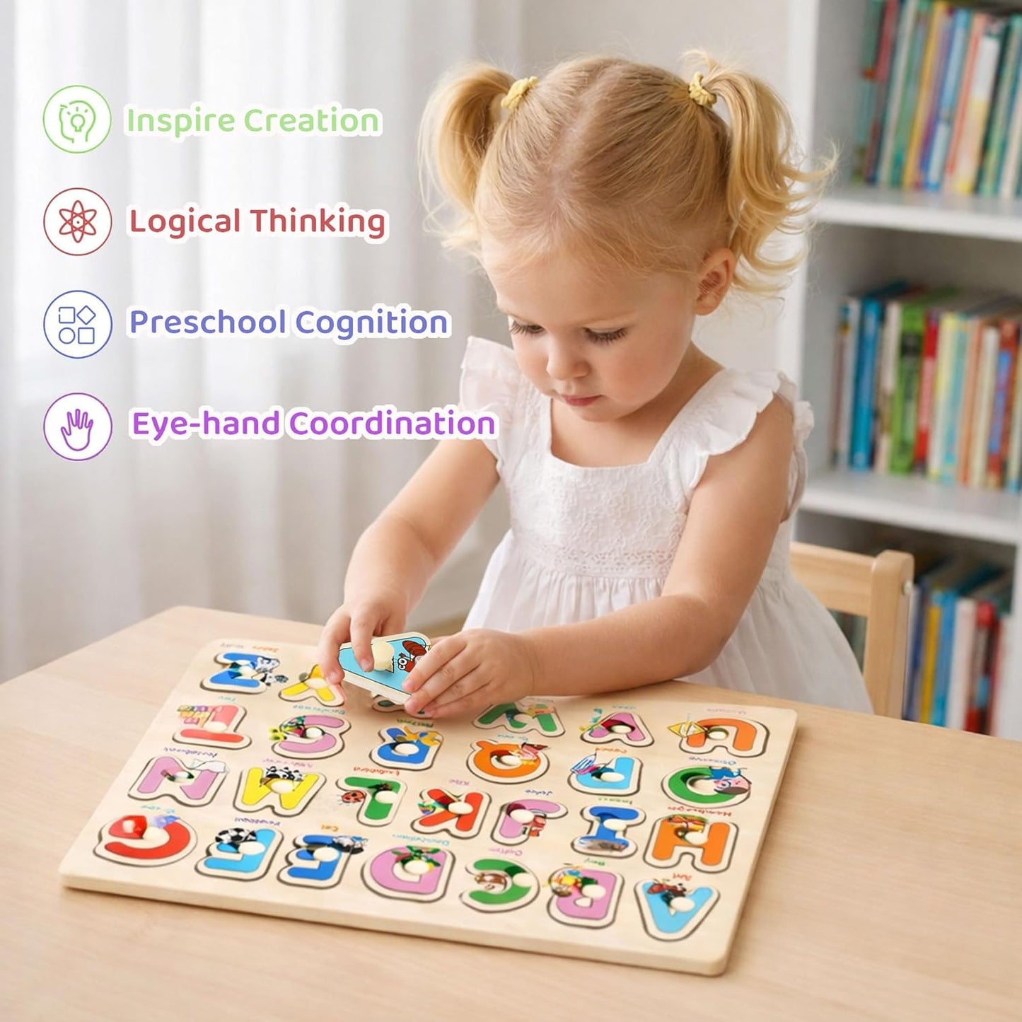 Wooden Peg Puzzles for Toddlers 1-3 – 6 Pack Toddler Puzzles, Preschool Educational Learning Puzzle Toys for Kids, Alphabet, Number, Shapes, Christmas Birthday Gifts for Boys, Girls
