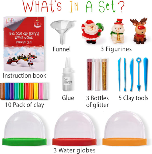 Kipipol Make Your Own Holiday Water Globe Kit – 3X DIY Snow Globe Making Kit w/ 3 Figures, 10 Packs of Modeling Clay for Sculpting, Crafts for Girls Ages 4-6, Arts and Crafts for Kids Ages 4-6-8-12