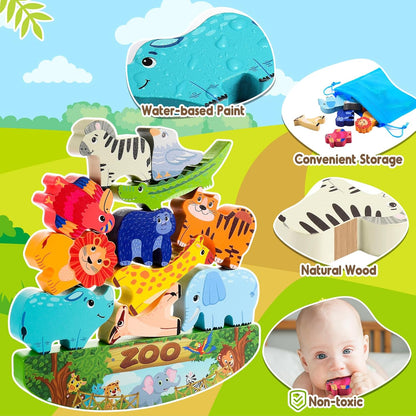 IPOURUP Dinosaur Toys for Kids 3-8 Kid Wooden Stacking Blocks Montessori Toy for 3 4 5 6 7 8 Year Old Boys Girls Christmas Birthday Gifts Toddler Balance Game Ages 3-5 Toys for Boy Girl Age 5-7