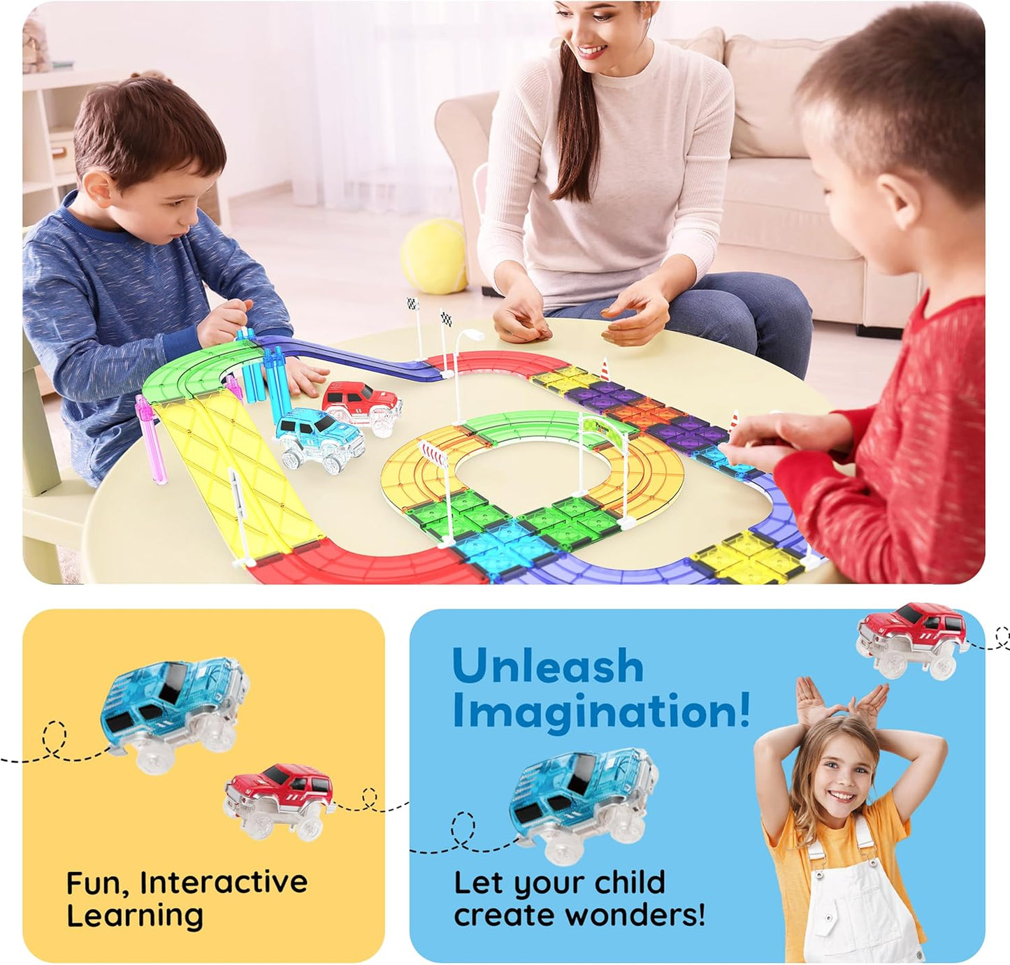 PicassoTiles 121pc Magnetic Tile Race Track Marble Run Magnet Tiles 3-in-1 Playset Car Racing Construction Set STEM Learning Early Education Building Toy Cars for School Toddlers Boys Girls Ages 3+