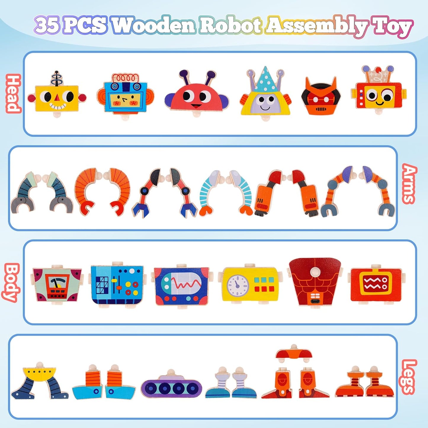 ATOYUS Wooden Robot Building Blocks Toys, STEM Montessori Preschool Toys for 3+ Year Old Toddlers, 35 Pcs Snap Together Take Apart Toy Playset for Kids Ages 3-5, Boys Girls Christmas Birthday Gifts
