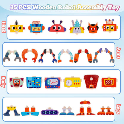 ATOYUS Wooden Robot Building Blocks Toys, STEM Montessori Preschool Toys for 3+ Year Old Toddlers, 35 Pcs Snap Together Take Apart Toy Playset for Kids Ages 3-5, Boys Girls Christmas Birthday Gifts
