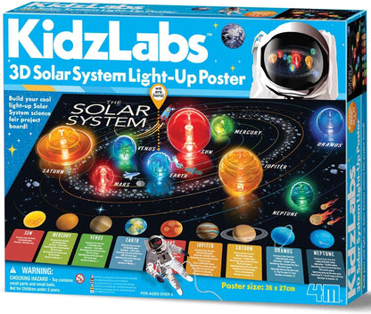 4M KidzLabs 3D Solar System Light-Up Poster for Kids Ages 5-12 – Glow in the Dark Space Science Fair Project Kit with Sun & 8 Planets, STEM Educational Toy, Battery Powered Illuminated Display Board
