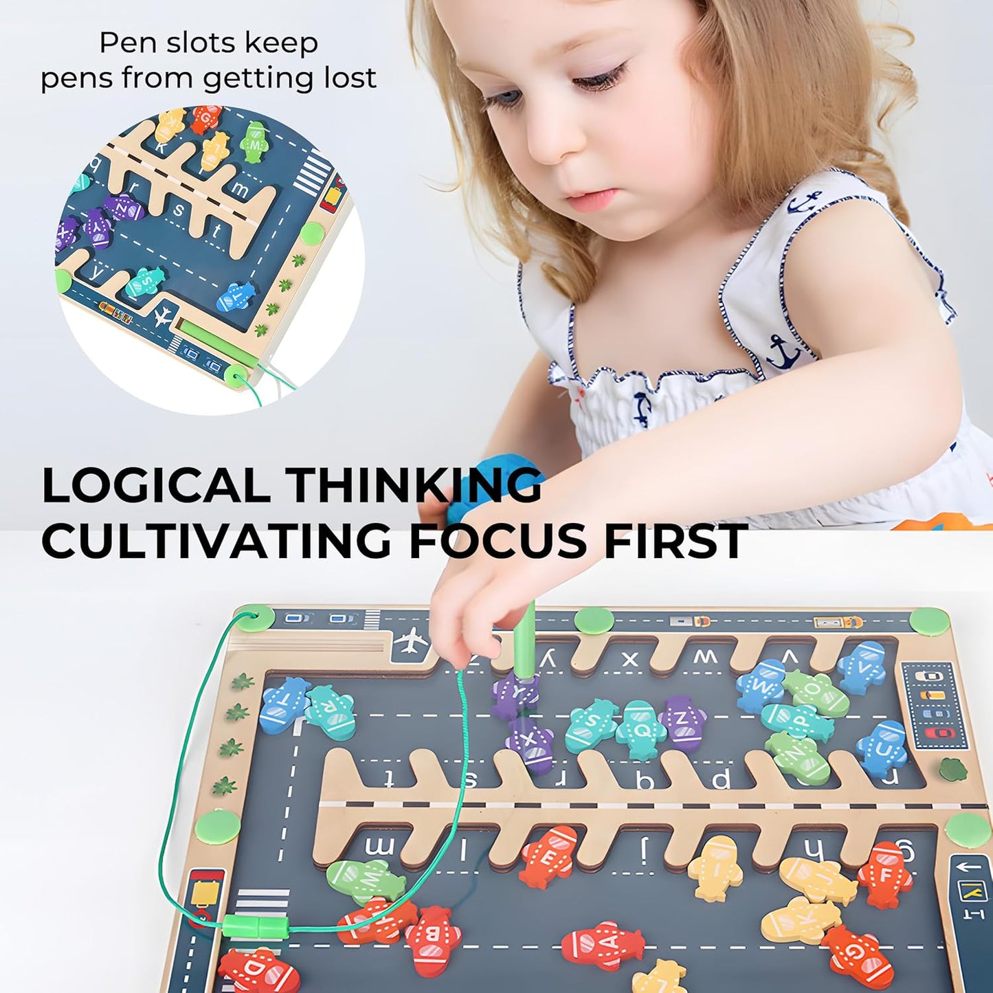 Magnetic Alphabet Maze for Kids Ages 3-5,Wooden Aircraft Montessori Magnet Maze Puzzle Board