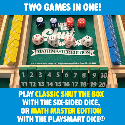 PlaySmart Dice Shut the Box Math Master: Deluxe 1-4 Player Wooden Board with Unique dice, More Numbers, Games, Math, and Fun Ways to Play!