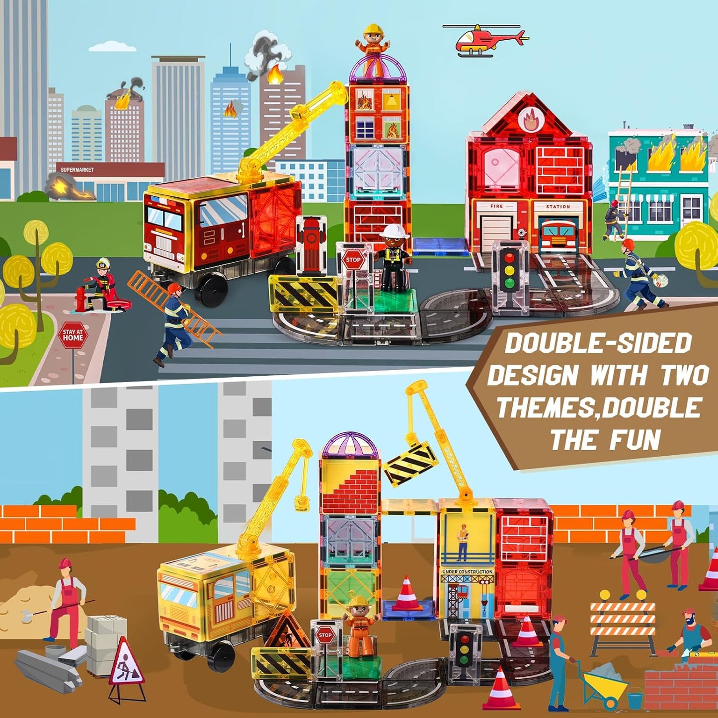 Magnetic Tiles Road Set with 2 Cranes & Double-Sided Magnet Tiles,Boys Toys for Ages 3-5 5-7 8-12,STEM Magnetic Building Construction Toys Include Car,Stations,Dolls,Roads,Signs,Gifts for 3+ Kids