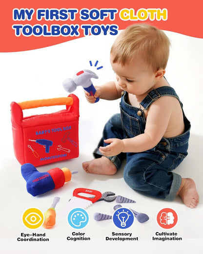 Jollybaby Soft Kid Tool Box Set Toy Inclub Drill Hammer Saw Wrench Screwdriver Screw for Baby, Montessori Preschool Educational Learning Construction Toys for Boy Birthday Gift - RED
