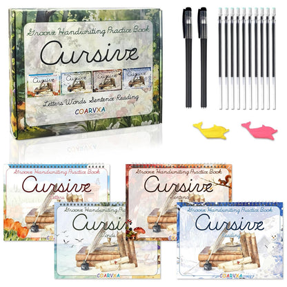 4 Pack Cursive Handwriting Workbook，Magic Grooved Writing Practice Books，Reusable Handwriting Practice Books，Cursive Kickoff Student Workbook for Kids Ages 5-12, Writing Without Tears