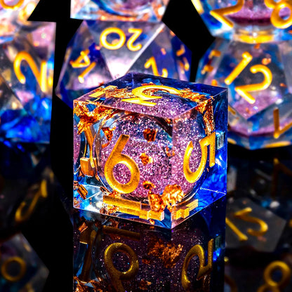 Liquid Core DND Dice Set, 7pcs Sharp Edge Dice for Role Playing Dungeons and Dragons Ttrpg with Gift Box, Handmade Resin D&D Dice RPG Role Playing Games Dice Set(Blue Gold)