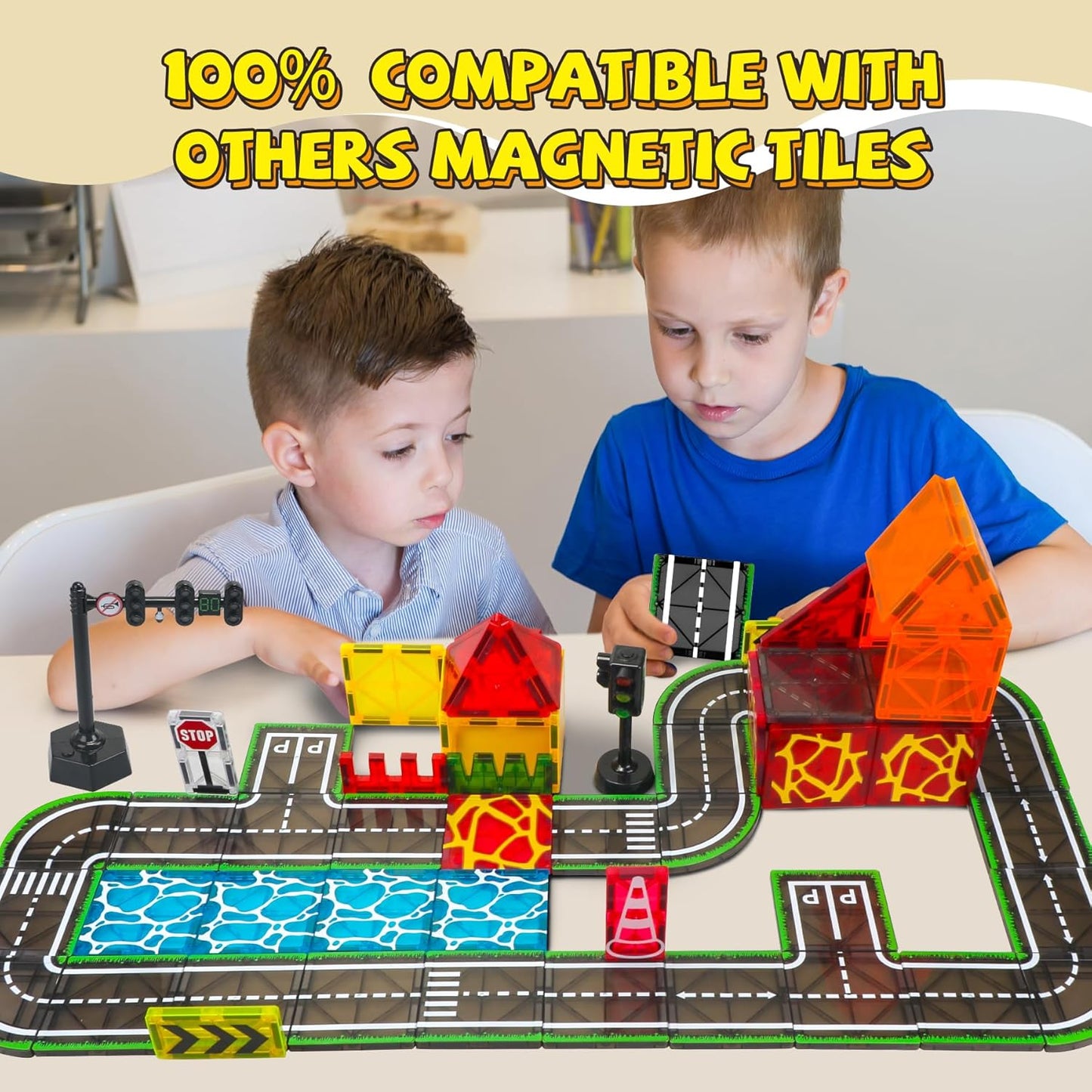 150PCS Magnetic Tiles Road Set with Marble Run, Preschool Magnet Tiles Included Magnetic Cars. STEM Magnetic Tiles for Kids, Preschool Educational Building Toys for Boys & Girls