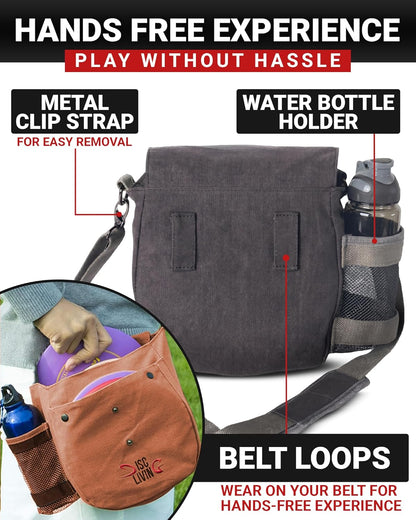 Disc Golf Bag | Frisbee Golf Bag | Easy to Carry | Lightweight Fits Up to 10 Discs | 16 oz Waxed Canvas Sturdy Design | Belt Loop | Double Button Design | Bottle Holder