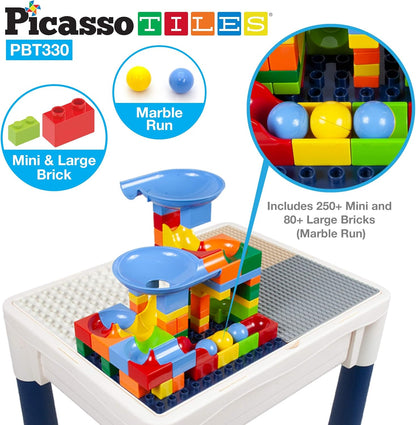 PicassoTiles Kids Activity Center Play Table & Study Desk Set Sandbox Water Tight Container Storage All-in-1 STEM Toy Kit Playset with 330pc Dual Size Building Bricks Construction Blocks Marble Run