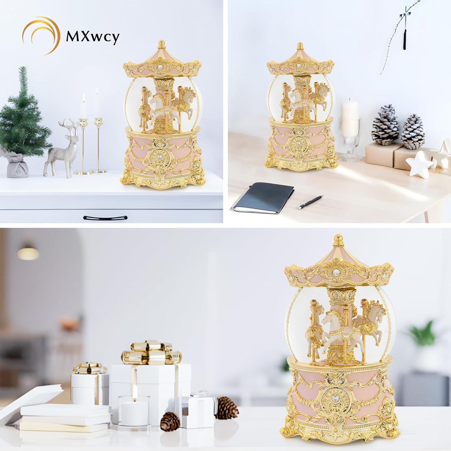 Carousel Music Box Gold & Ivory Christmas Snow Globes, 8.3" Rotate Carousel Snow Globe for Kids & Adults, Classic Wind up Musical Snow Globe Birthday Gifts for Women Girls, Carousel Horse Home Decor