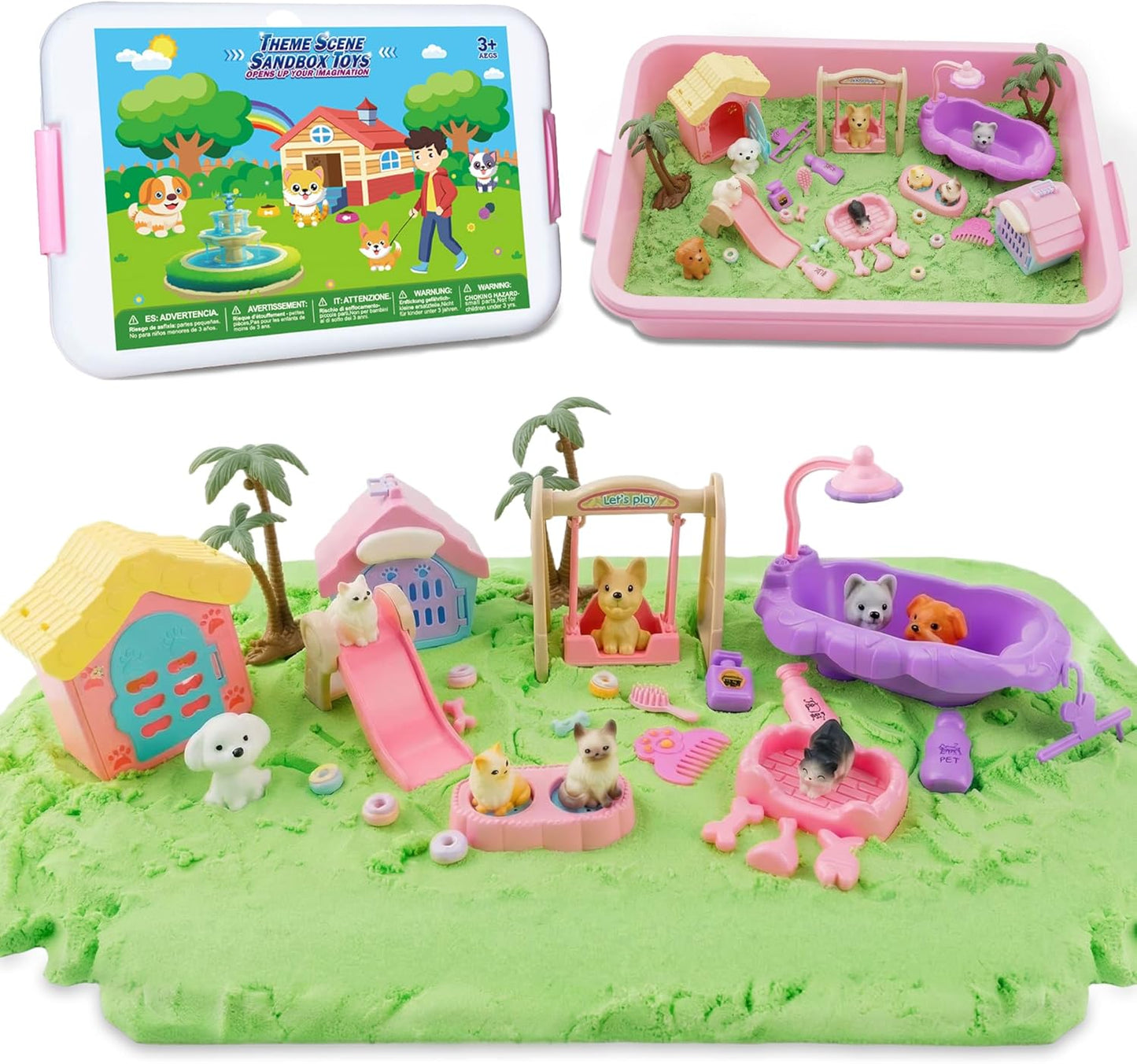 SMILESSKIDDO Sensory Bin - Cat and Dog Play Sand Kit with Green and Red Magic Sand, Pet Sensory Box, Role Pretend Play Beach Toy Birthday Present for Toddler Ages 3 4 5 6 7 8