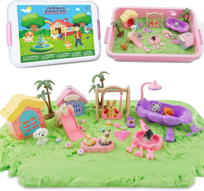 SMILESSKIDDO Sensory Bin - Cat and Dog Play Sand Kit with Green and Red Magic Sand, Pet Sensory Box, Role Pretend Play Beach Toy Birthday Present for Toddler Ages 3 4 5 6 7 8