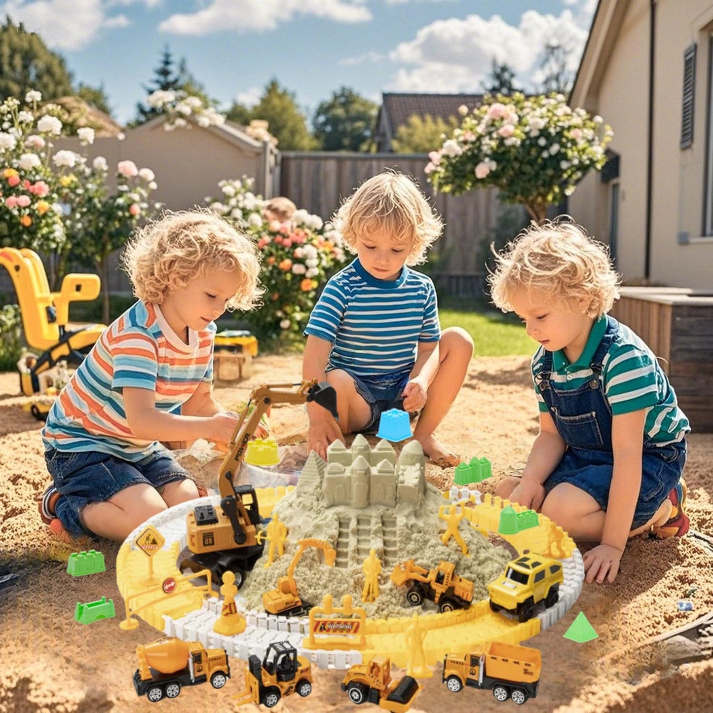 Play Construction Sand Kit, 2.2lbs Magic Sand, 6 Alloy Trucks,1 Big Semi-automatc Excavator,1 Race Truck 100 Tracks,10 Castle Molds,1 Sandbox mat,1 Storage Box, Sensory Toys for Kids Ages 3+