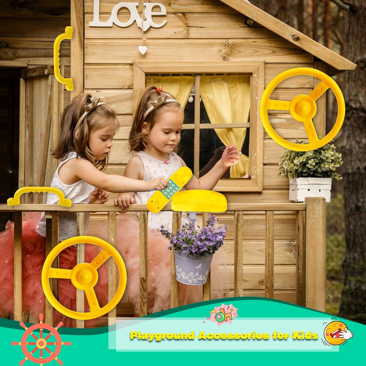 Playground Accessories Swingset Plastic Pirate Ship Steering Wheel Safety Handles Telescope for Kids Outdoor Playground Treehouse Jungle Gym Accessories (4 Pcs- Green,Yellow Set)