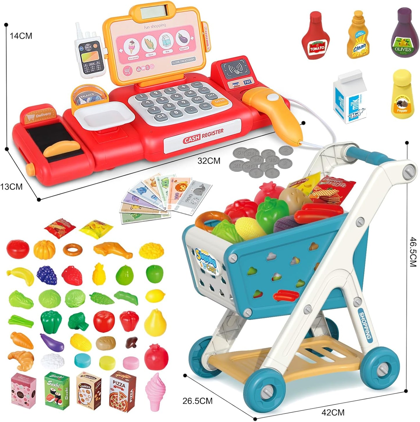 Yalujumb Kids Shopping Cart Trolley Play Set and Pretend Play Calculator Cash Register Toy with Pretend Food and Accessories,Perfect for Ages 3+ Pretend Play and Role-Playing Games