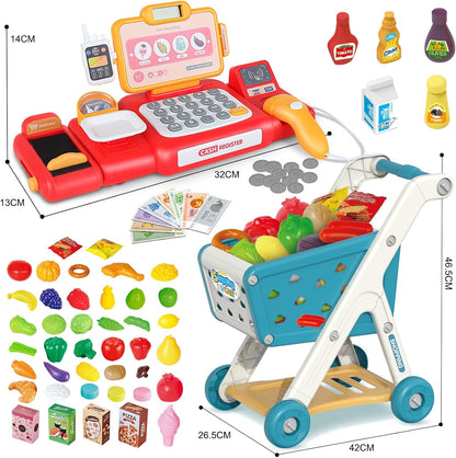 Yalujumb Kids Shopping Cart Trolley Play Set and Pretend Play Calculator Cash Register Toy with Pretend Food and Accessories,Perfect for Ages 3+ Pretend Play and Role-Playing Games