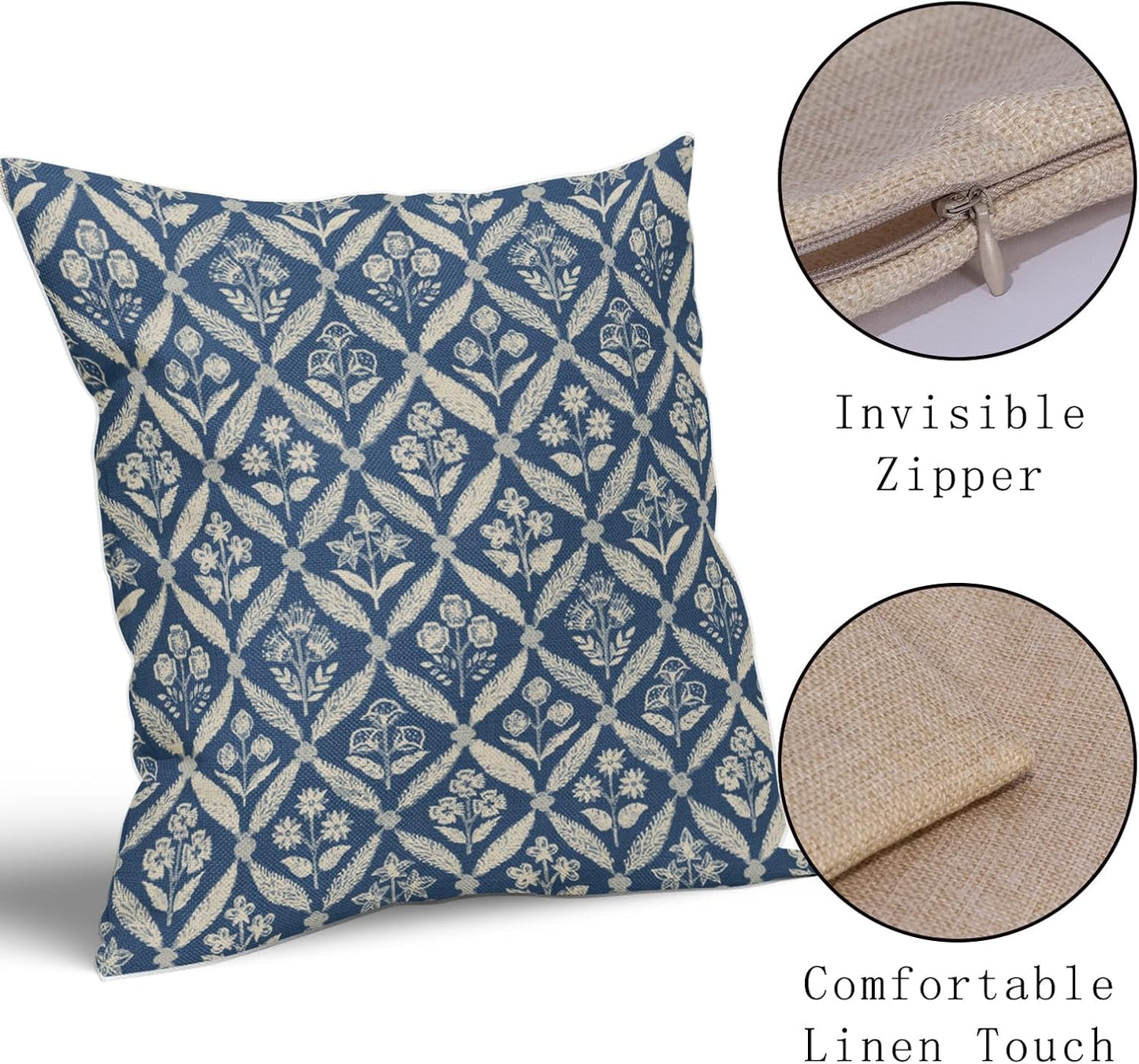 Blue Green Floral Block Print Pillow Covers 12X20 Set of 2, Flower Pattern Spring Summer Print Decorative Throw Pillow Covers Outdoor Farmhouse Seasonal Cushion Case Couch Sofa Bed Decor