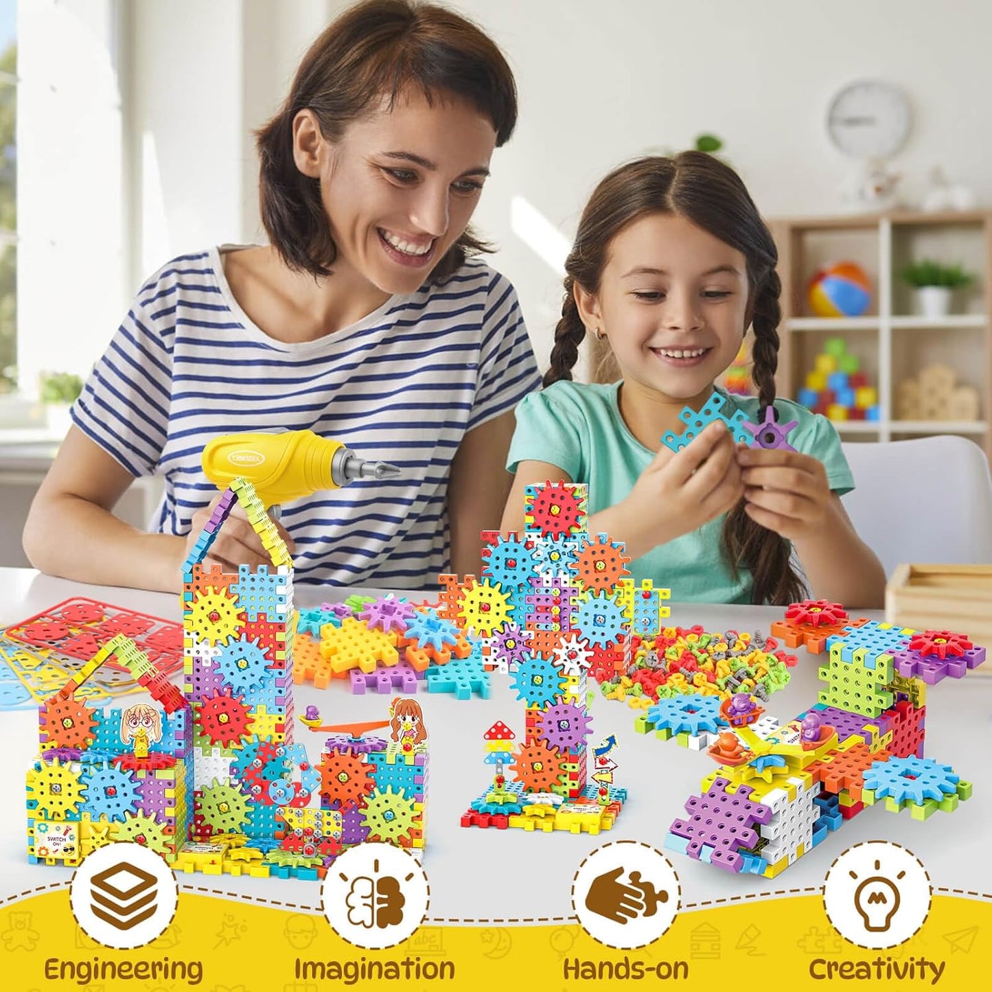Pycoal Gears Building Blocks, STEM Educational Toys 234 PCS Gears Building Toys Kids Tool Set with Electric Drill, Electric Gear Building Blocks Birthday Gifts for Kids Age 3+