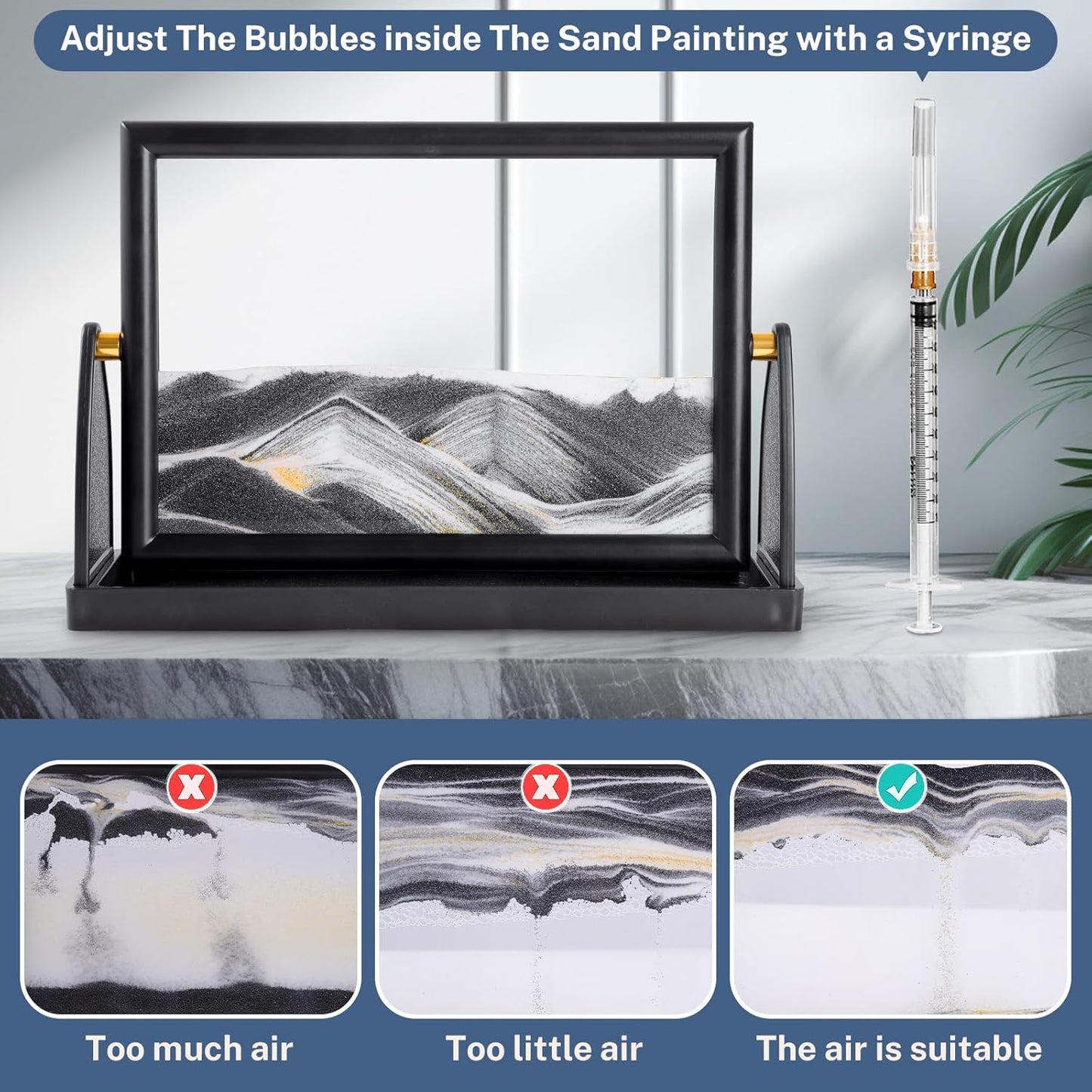 BOLGRLONG Moving Sand Art Liquid Motion 3D Dynamic Mountains Sandscape Painting, Square Glass Sands Painting with Easy-Flip Stand, Sensory Relaxing Decor for Home and Office (9") (Black)