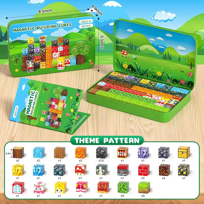 Axirata 60PCS Mini Magnetic Blocks Travel Set for Kids, Mini Magnetic Tiles Building Cubes with Portable Iron Box, STEM Construction Sensory Toy for Toddler Boys Girls Age 3-5 4-8 8-12+