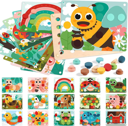 Wooden Toys Color Matching Pegboard for Toddlers 2 3, Button Art Toy Mosaic Puzzle with 30 Buttons & 16Cards, Button Game Toddlers Montessori Fine Motor Toy Educational Gift for Boys Girls Age 2 3 4 5