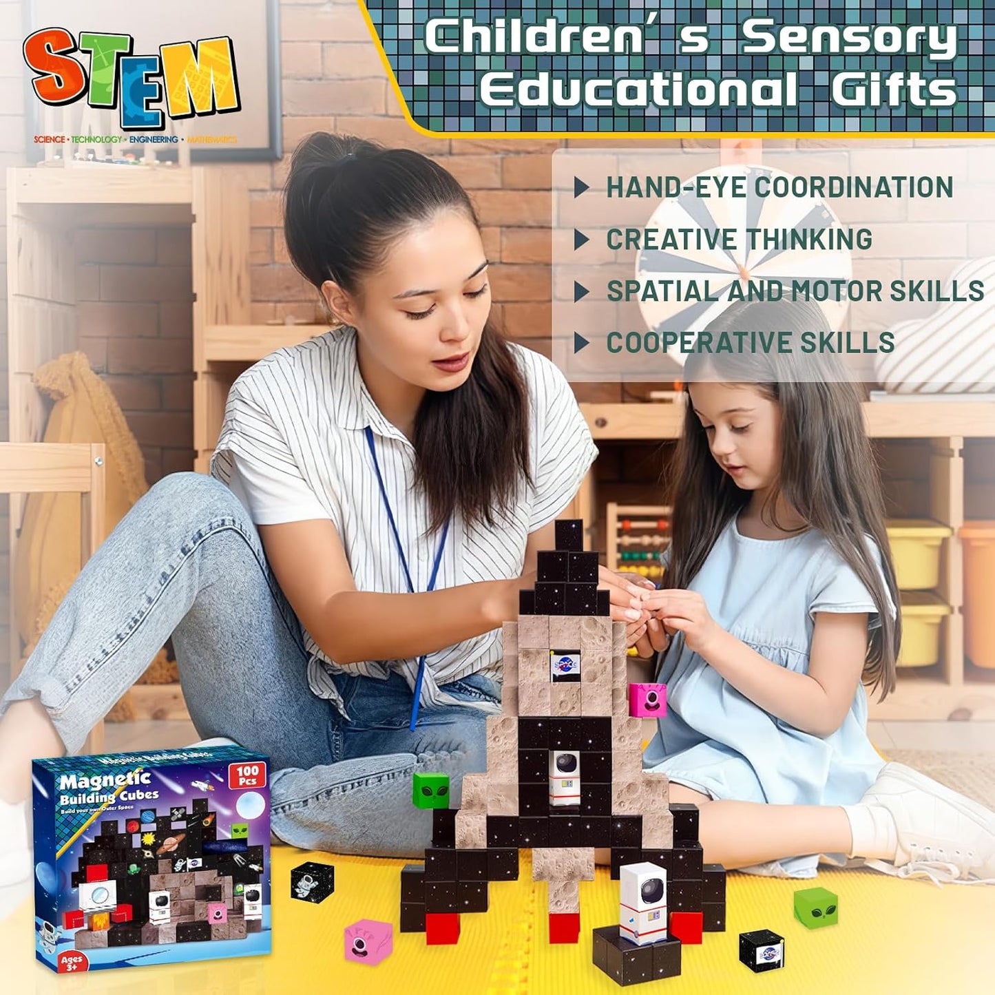 Goody King Magnetic Blocks |100PCS Magnetic Building Blocks Magic‘s House Magnetic Cube,Magnetic Blocks for Kids Ages 3-10,STEM Montessori Stacking Toy, Sensory Tiles Building Birthday for Toddlers