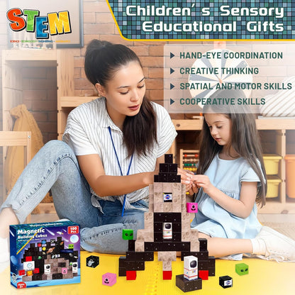 Goody King Magnetic Blocks |100PCS Magnetic Building Blocks Magic‘s House Magnetic Cube,Magnetic Blocks for Kids Ages 3-10,STEM Montessori Stacking Toy, Sensory Tiles Building Birthday for Toddlers