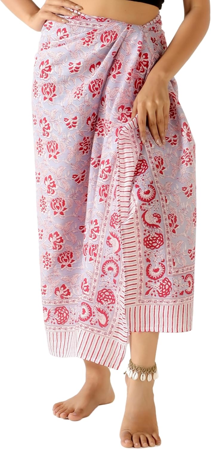100% Cotton Sarong Cover Up for Women Indian Block Print Beach Wrap Skirt Long Boho Swimsuit Bikini Pareo (73” x 43”)