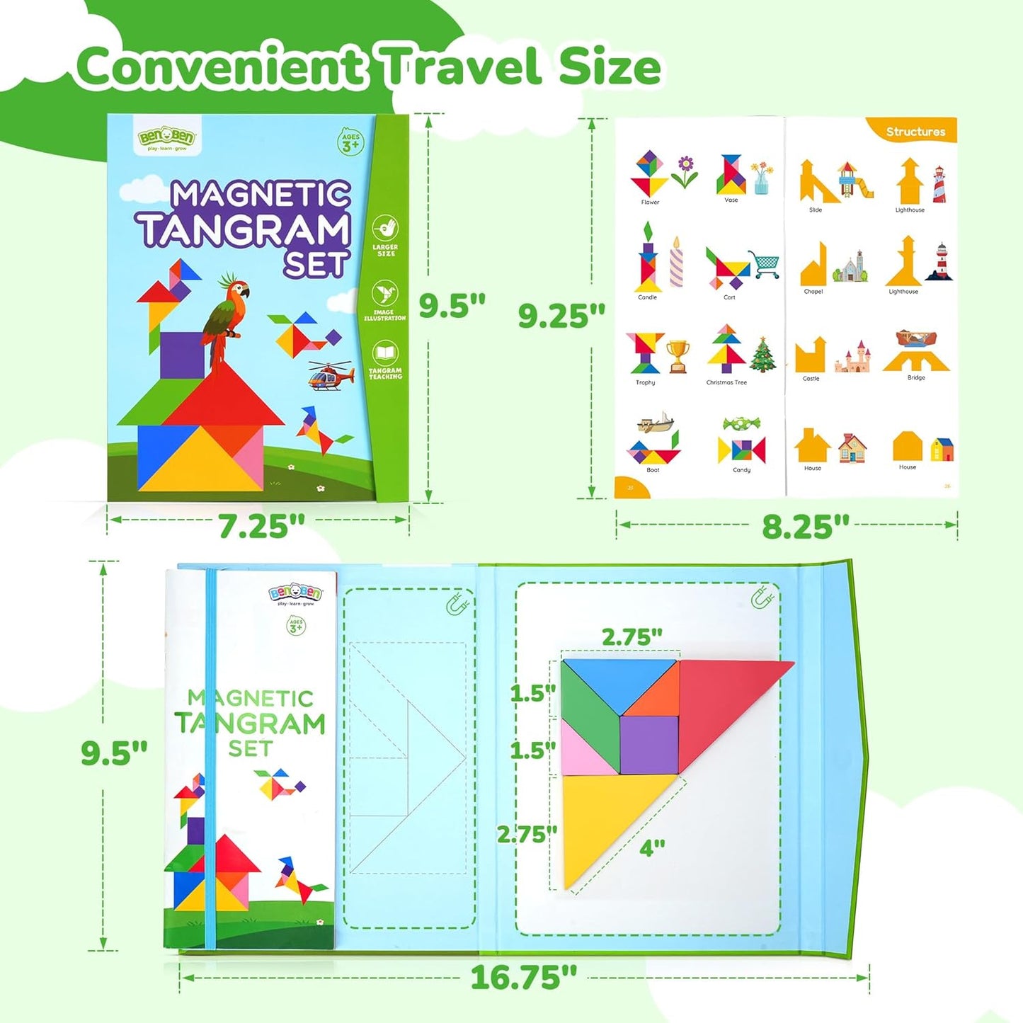 BenBen Travel Tangram Puzzle with 2 Sets Magnetic Wooden Shapes, Extra Large Dual-Sided Magnet Surface, Color Pattern IQ Book，Road Trip Car Plane Game，Educational STEM Travel Toys for Kids Adults