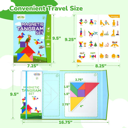 BenBen Travel Tangram Puzzle with 2 Sets Magnetic Wooden Shapes, Extra Large Dual-Sided Magnet Surface, Color Pattern IQ Book，Road Trip Car Plane Game，Educational STEM Travel Toys for Kids Adults
