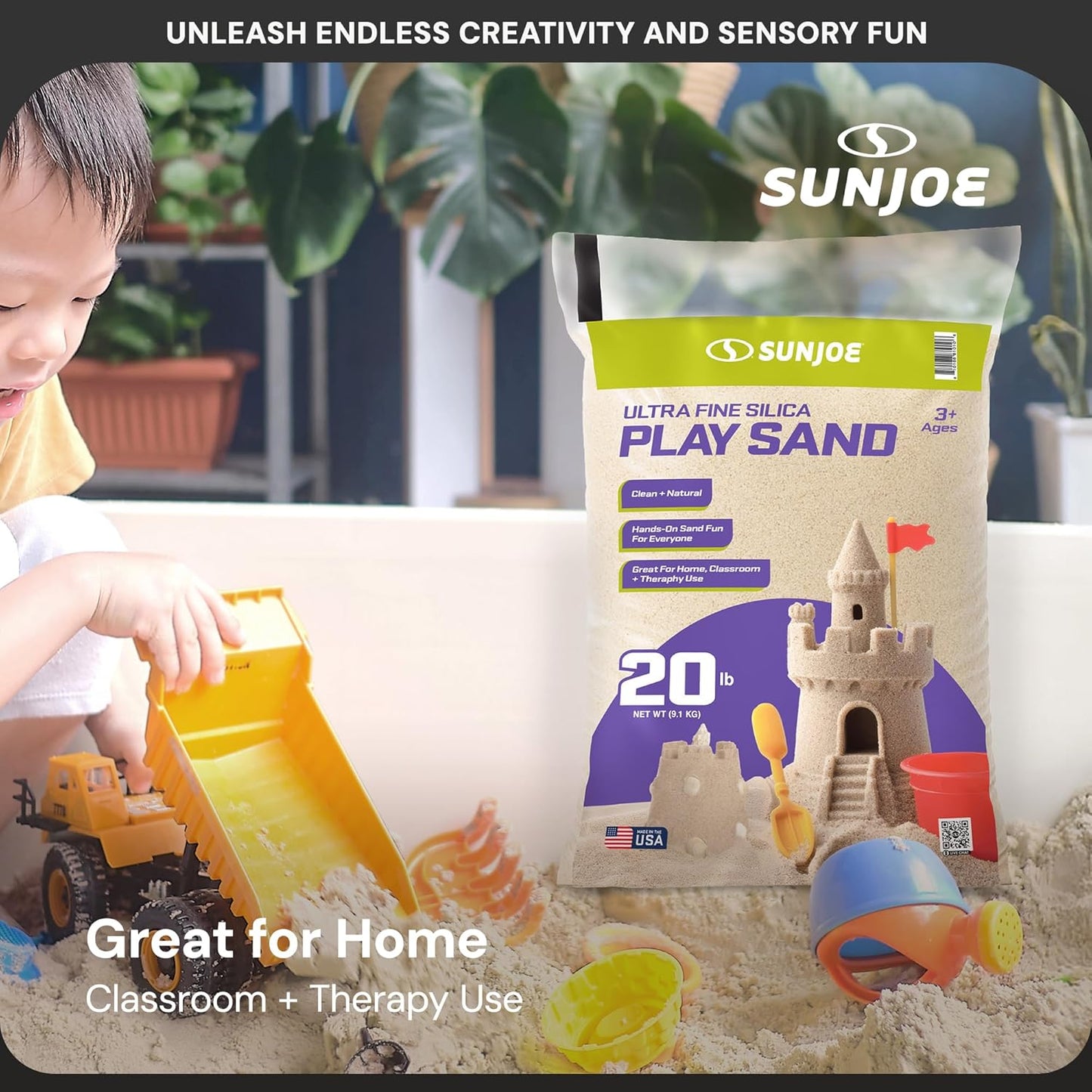 Sun Joe Silica Play Sand for Sandbox, Sensory Table & Gardens, Ultra Fine, 50 Lb Bag - Indoor & Outdoor Craft Accessory for Molding, Digging & Sculpting, PLYSAND50