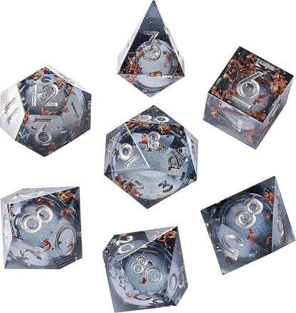 Liquid Core DND Dice Set, 7pcs Sharp Edge Dice for Role Playing Dungeons and Dragons Ttrpg with Gift Box, Handmade Resin D&D Dice RPG Role Playing Games Dice Set(Blue Gold)