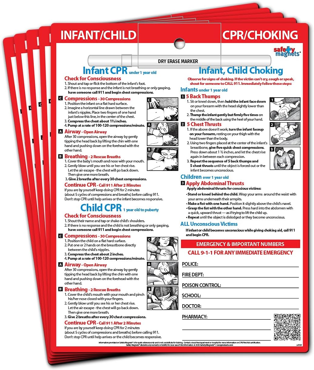 Safety Magnets by ZOCO – Infant and Child CPR & Choking Magnet – Laminated 8.5"x11" Emergency Numbers Fridge Card – First Aid Heimlich Maneuver for Parents, Caregivers, Daycare, Babysitters