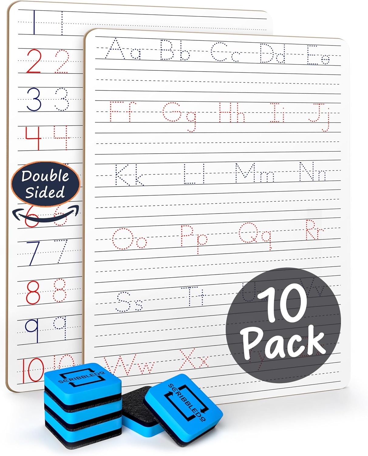 Scribbledo 5 Pack Dry Erase Handwriting Practice for Kids 9 x 12 Inch Letter Alphabet Tracing Board Whiteboard for Kids Ages 3-5 Write and Wipe Alphabet Practice Cards Letters & Erasers