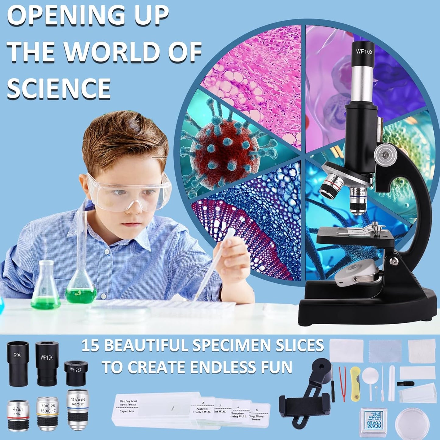 Microscope for Kids & Adults,40X-2000X Magnification Microscope for Kids 8-12, with LED Fill Light & Phone Holder, Great for School Labs and Home Schooling