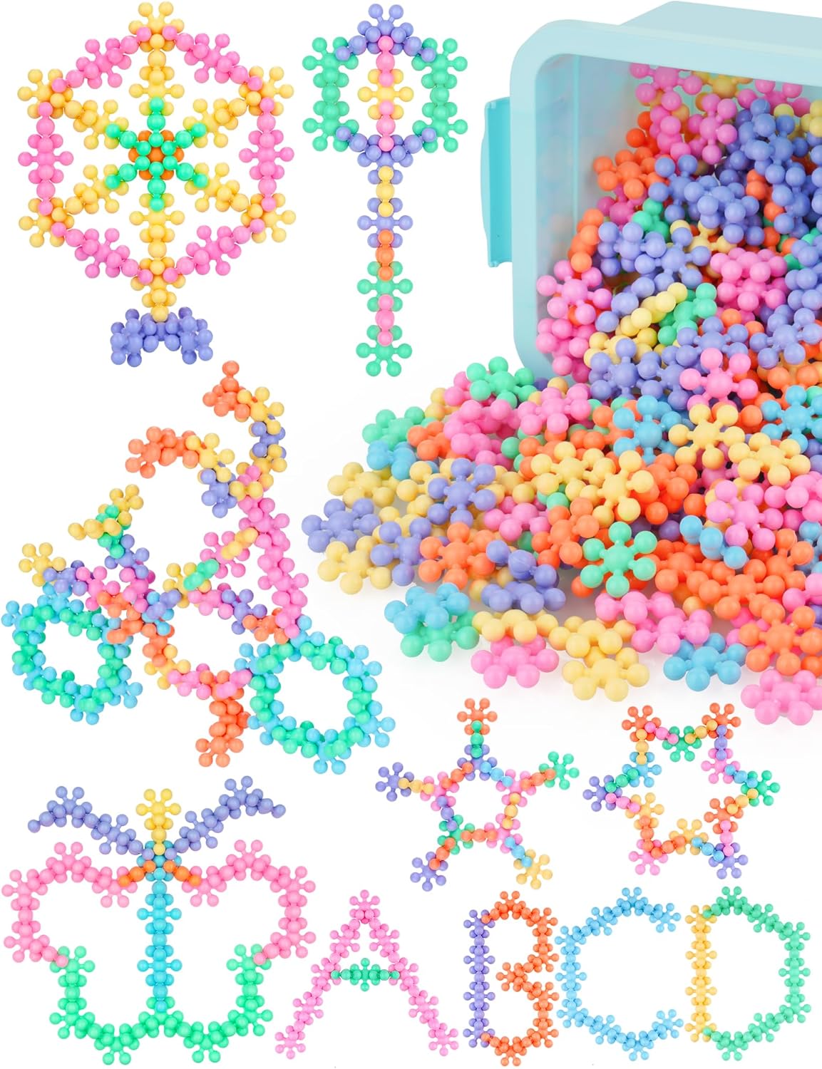 Snowflake Interlocking Building Block Educational Toy 300PCS for Kids Ages 3+, Multi-Color Solid Plastic Early Learning Creativity STEM Toy with Carrying Case Safe Material