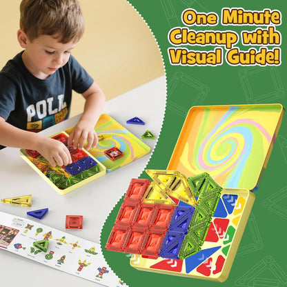 Magnetic Tiles for Kids Ages 4-8, Magnetic Blocks Travel Set with Diamond Surface & Metal Storage Box, 60PCS STEM Learning Toys, Educational Building Gifts for 3-8 Year Olds