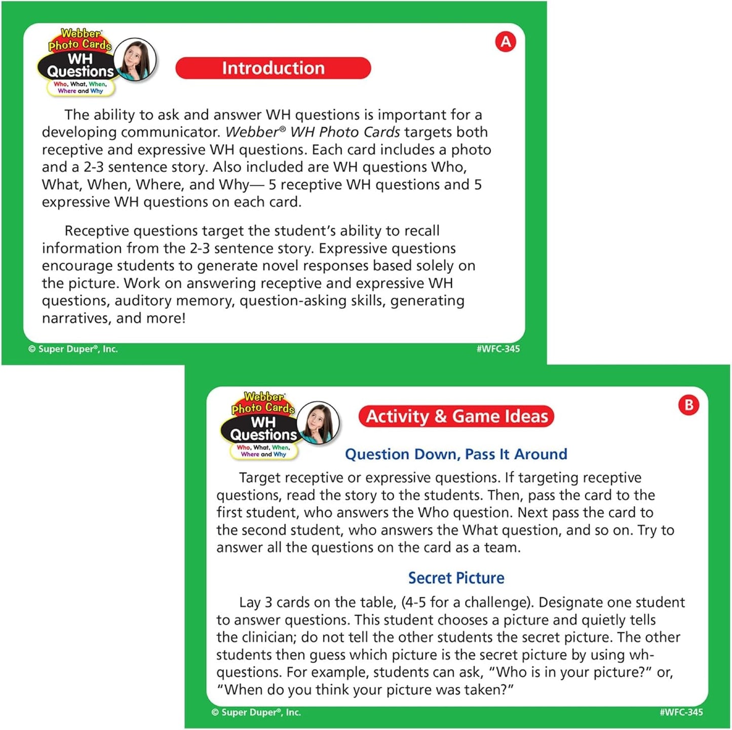 Super Duper Publications | Webber® Photo Cards – WH Questions | Flashcards - Receptive and Expressive Language Skills | Educational Learning Resource for Children