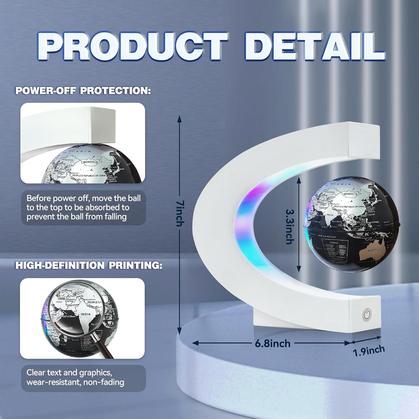 Flagest Magnetic Levitation Floating Globe, Levitating C Shape Globe with LED Lights for Education Home Office Desk Bookshelf Decor, Holiday Anniversary Creative Gift(3.3 Inches)