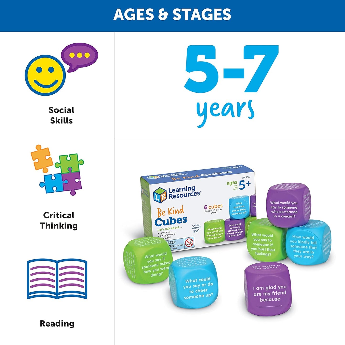 Learning Resources Conversation Cubes -Ages 6+, Foam Cubes for Social Emotional Learning, School Counselor Supplies, Speech Therapy Toys, Ice Breaker Cubes,Teacher Must Haves, 6 Pieces
