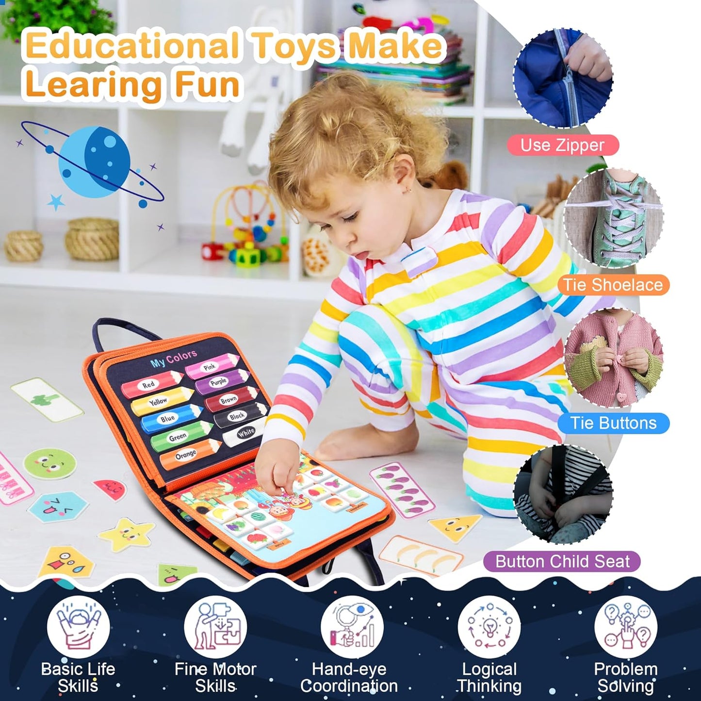 Teefrye Toddler Busy Board Montessori Toys for Toddlers 1-3 Year Old Educational Activity Book Board Sensory Travel Toys Ages 3-5 Preschool Learning Fine Motor Skills Toy Quiet Book Gift for Kids