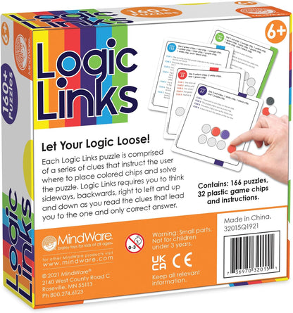 MindWare Logic Links Puzzle Games - Brain Teaser Puzzles for Kids and Brain Games for Adults - 166 Challenging Brain Puzzles, 32 Game Chips - Ages 6+