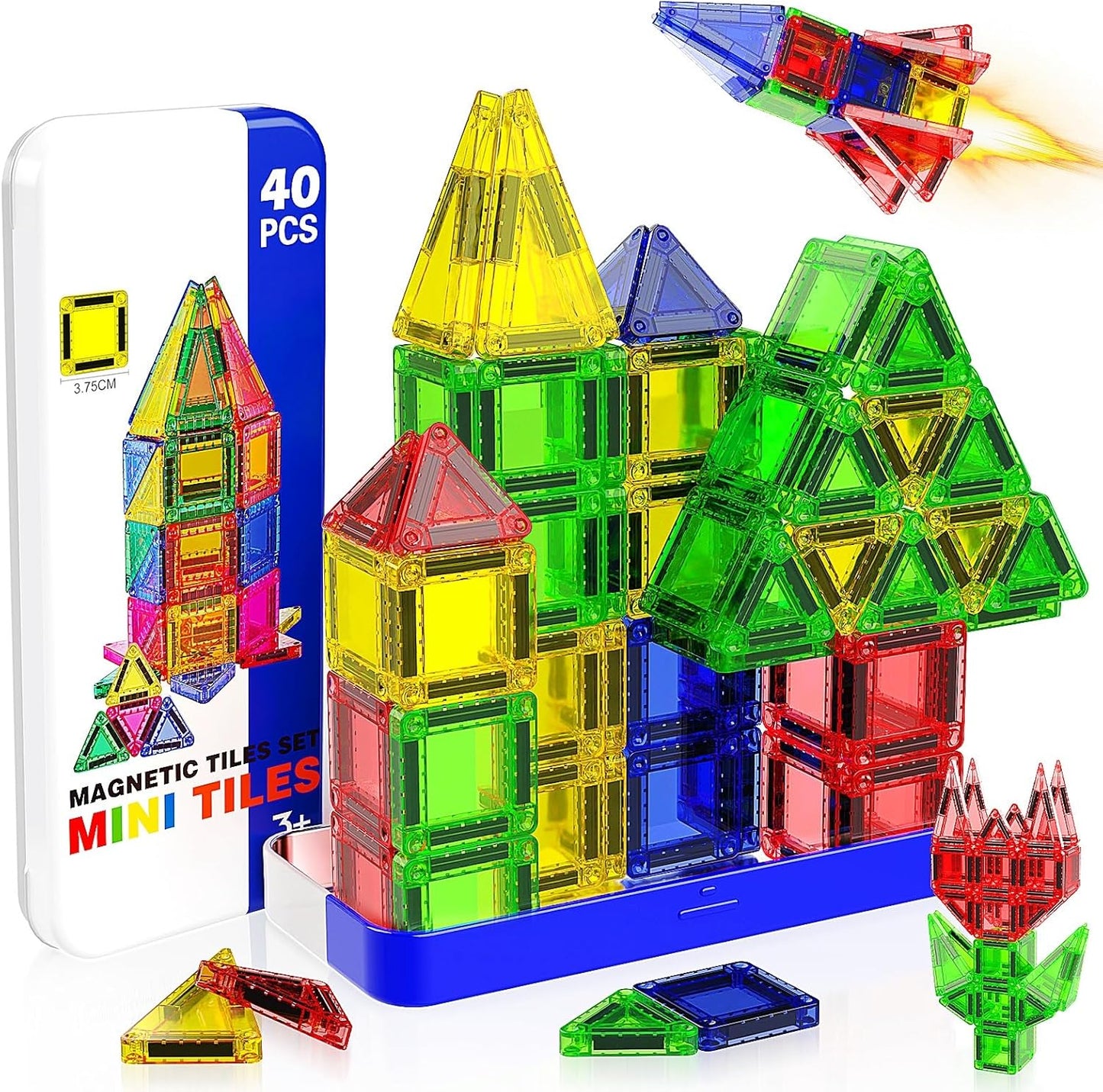 Mini Magnetic Tiles, 40 PCS Travel Magnetic Tiles with Tin, Micro Magnet Travel Toy Portable for Kids Age 3+, STEM Educational Building Set Construction Toys, Boys Girls Toddlers Birthday Gifts