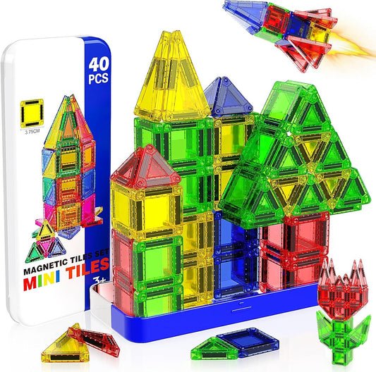 Mini Magnetic Tiles, 40 PCS Travel Magnetic Tiles with Tin, Micro Magnet Travel Toy Portable for Kids Age 3+, STEM Educational Building Set Construction Toys, Boys Girls Toddlers Birthday Gifts