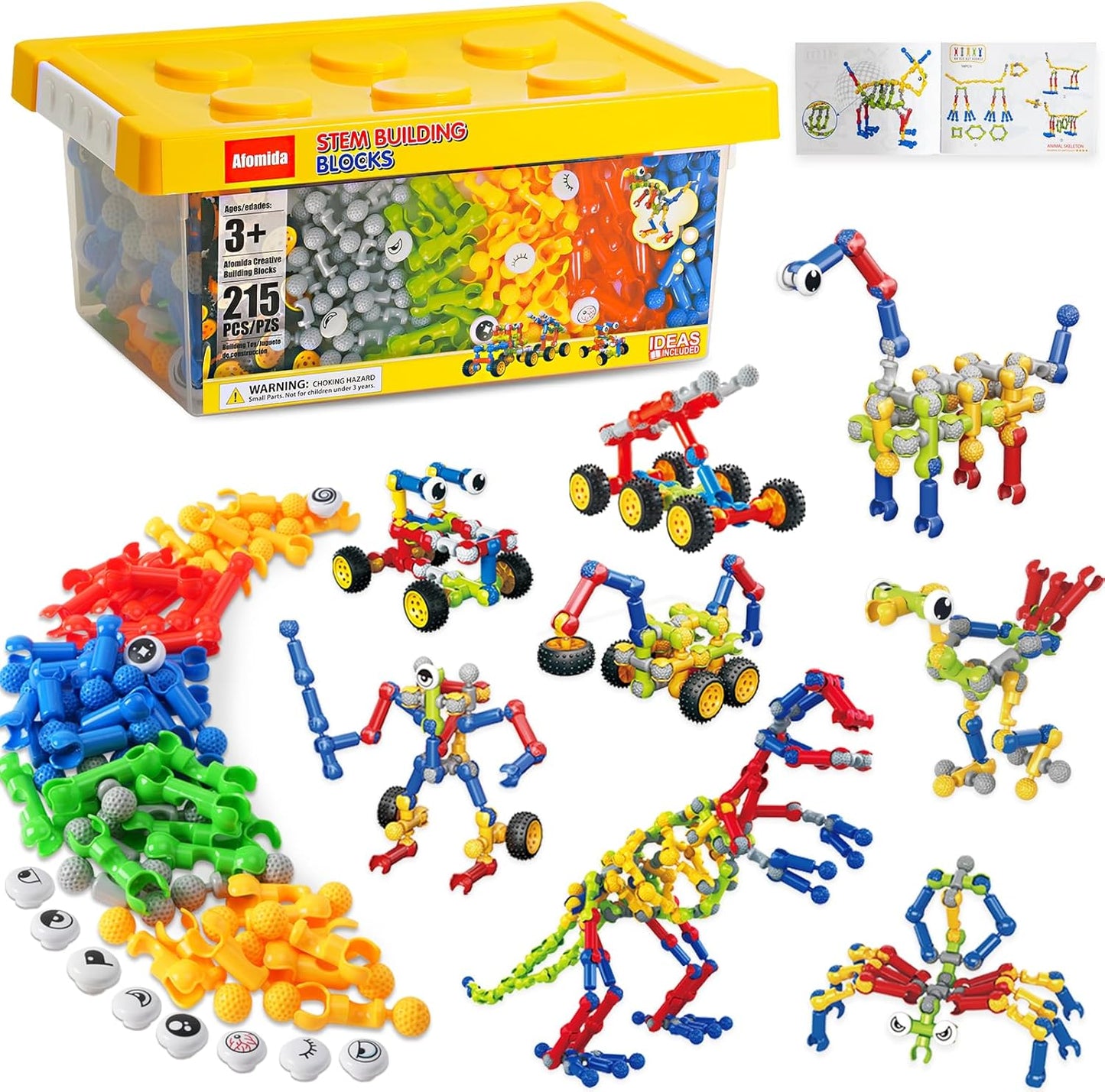 Afomida 215 PCS Creative Building Blocks Playset Toy - Featuring Storage, Includes Dinosaur, Robot, Car, Spider, Dog Figure, Learning Toy for Kids, Birthdays Gift for Kids, Boys and Girls Ages 4-7, 8+