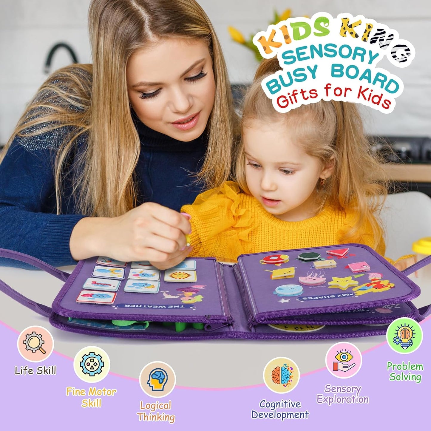 Montessori Busy Board for Toddlers 3-6, Sensory Educational Activities Board for Learning Fine Motor Skills, Travel Toys for Airplane Car, Gift for Girls Boys 3+ Years Old (Dinosaur)