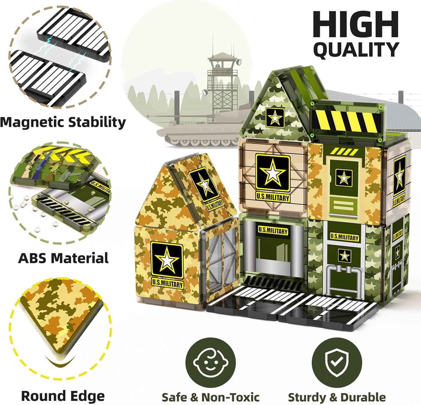 GobiDex 100PCS Army Magnetic Tiles Building Set for Kids, STEM Military Magnetic Building Blocks with 6 Magnetic Army Men, Educational Construction Toys Gift for Boys Girls 3 4 5 6 7 8 9+ Year Old